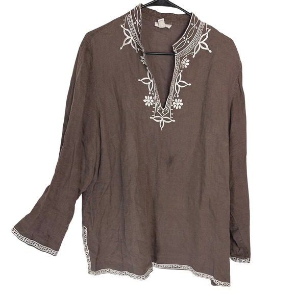 Charter Club Tops - Charter Club Womens Linen Tunic Embroidered 16W Brown Boho‎ Coastal Earthy